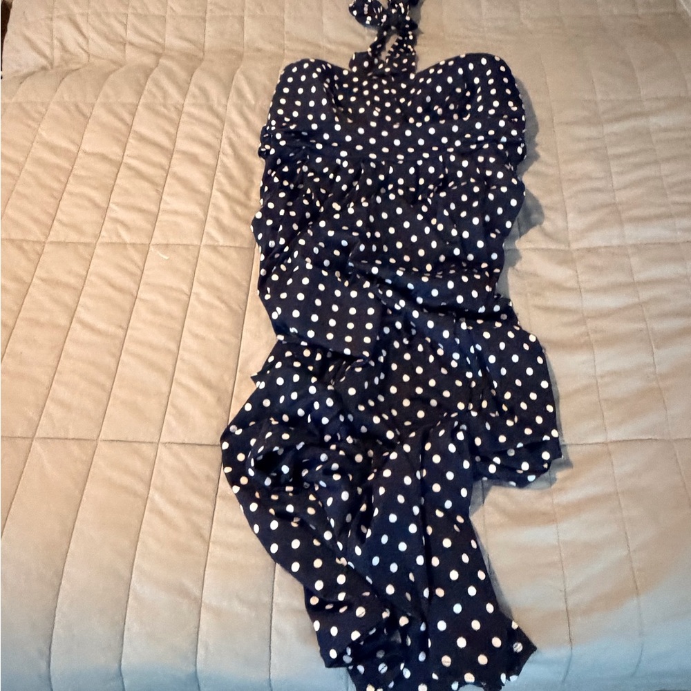 Navy Polka Dot Strapless Dress